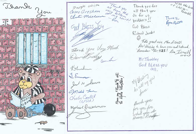 Hand drawn and signed Thank You card from inmates in Bible study