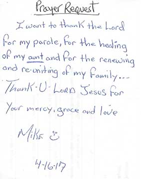 Hand written inmate prayer request