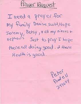 Hand written inmate prayer request