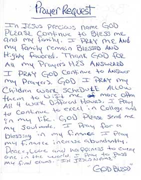 Hand written inmate prayer request
