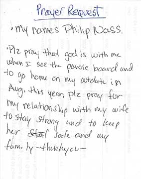 Hand written inmate prayer request