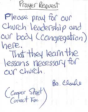 Hand written inmate prayer request