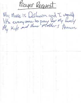 Hand written inmate prayer request