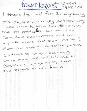 Hand written inmate prayer request