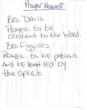 Hand written inmate prayer request