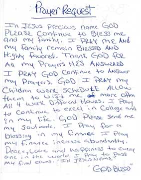 Click to enlarge Hand written inmate prayer request